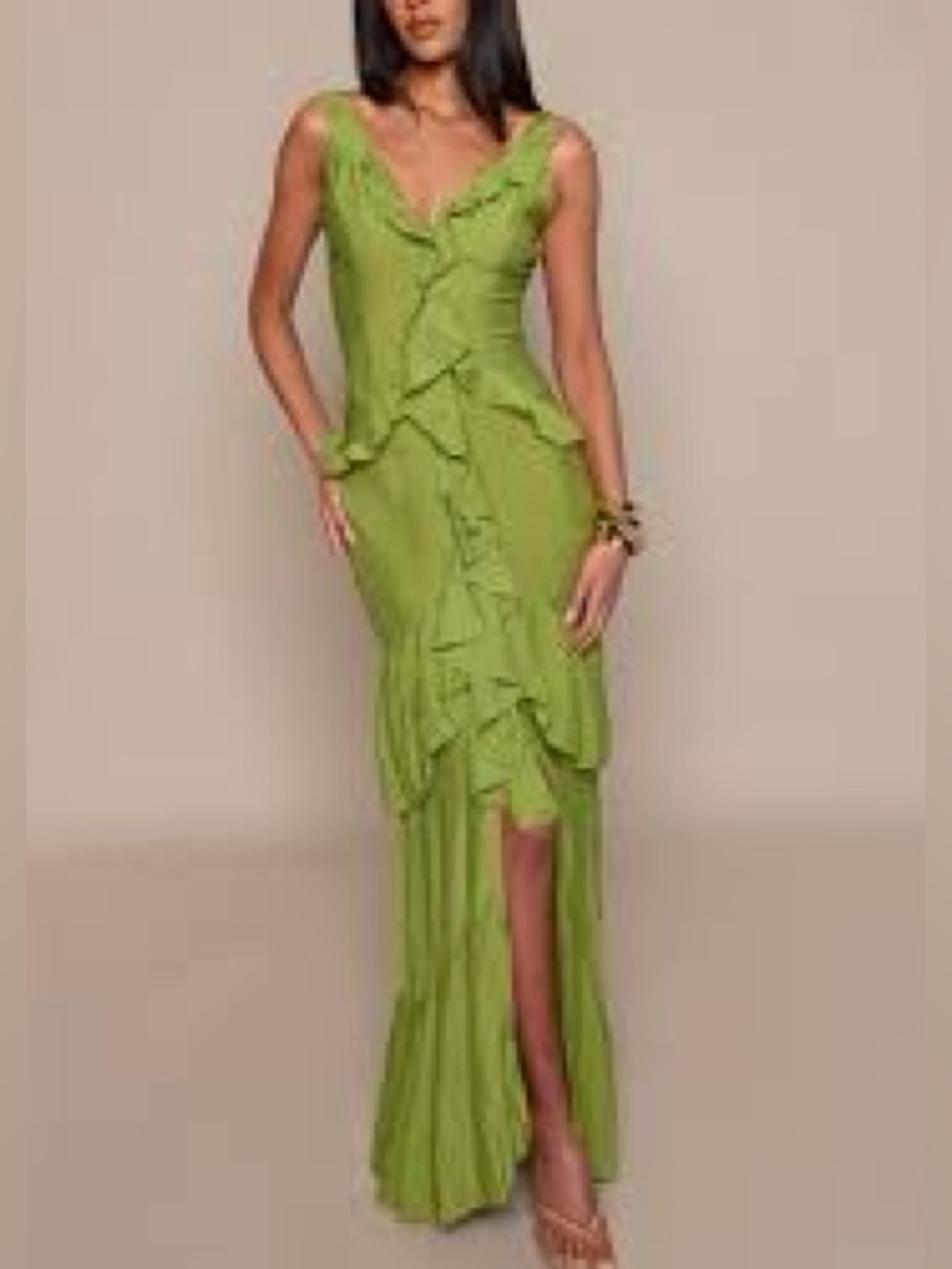 PrettyLittleThing Women's Tall Textured Frill Maxi Dress in Olive Green. NWT